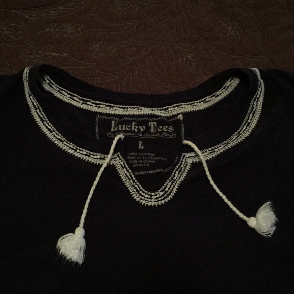 Lucky Tees cute black top with tassels and piping